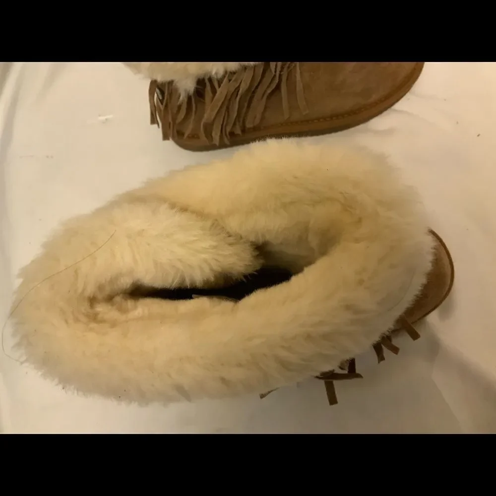 LAM Girls Brown Boots Frill Tassels Faux Fur Size 2 Y Suede Leather Booties